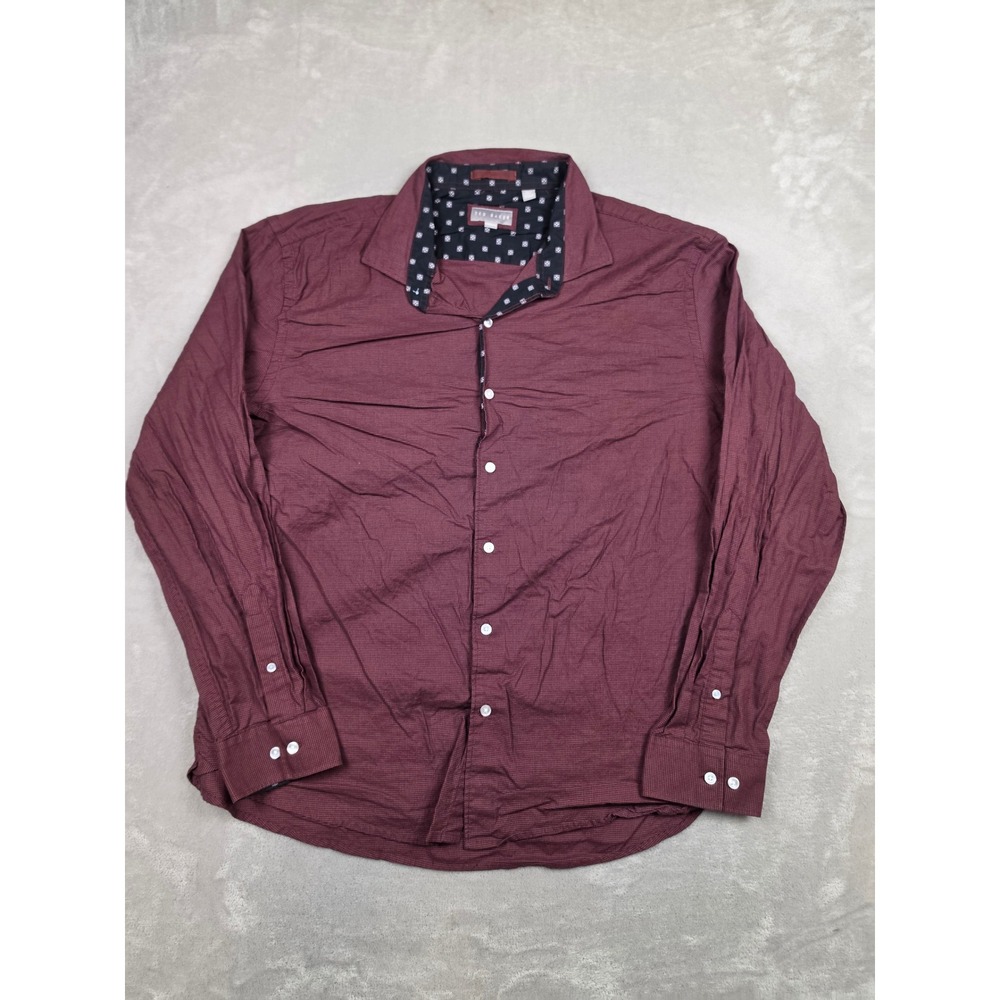 Ted Baker Button Up Shirt Mens XXL Burgundy Houndstooth Long Sleeve Cotton